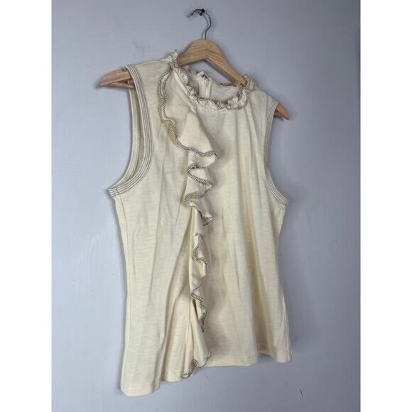 NWT Ulla Johnson Brea Ruffle Sleeveless Contrast Lightweight Wool Top Pearl XL - Picture 3 of 8